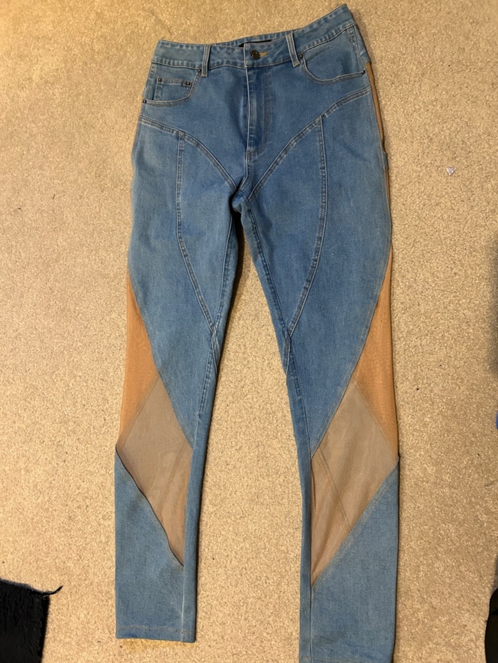 Women Blue Denim Riding-Style Jeans with Brown Sheer Panels edgy sexy rave party